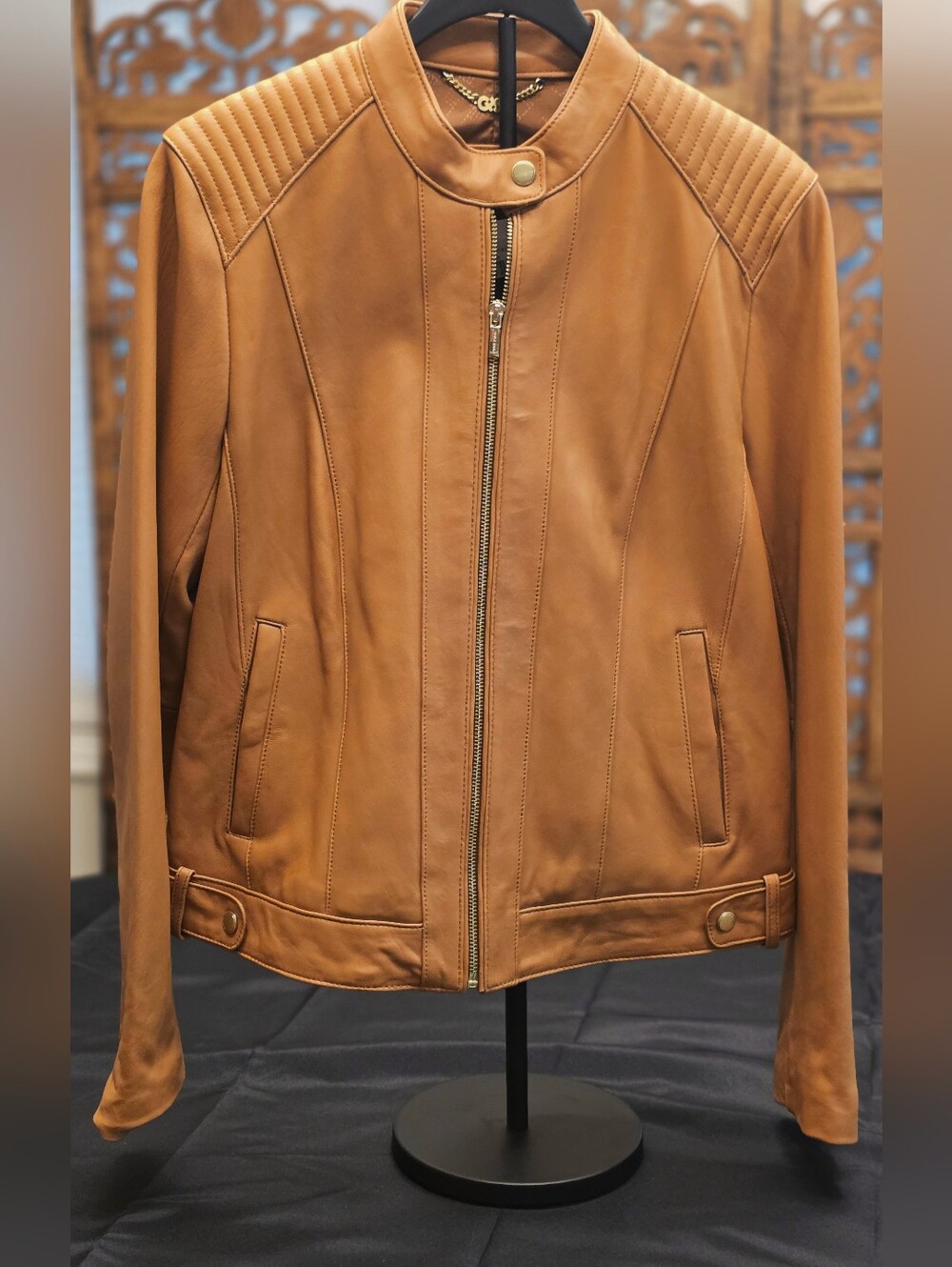 Cole Haan Caramel Brown Leather Zip Moto Jacket
